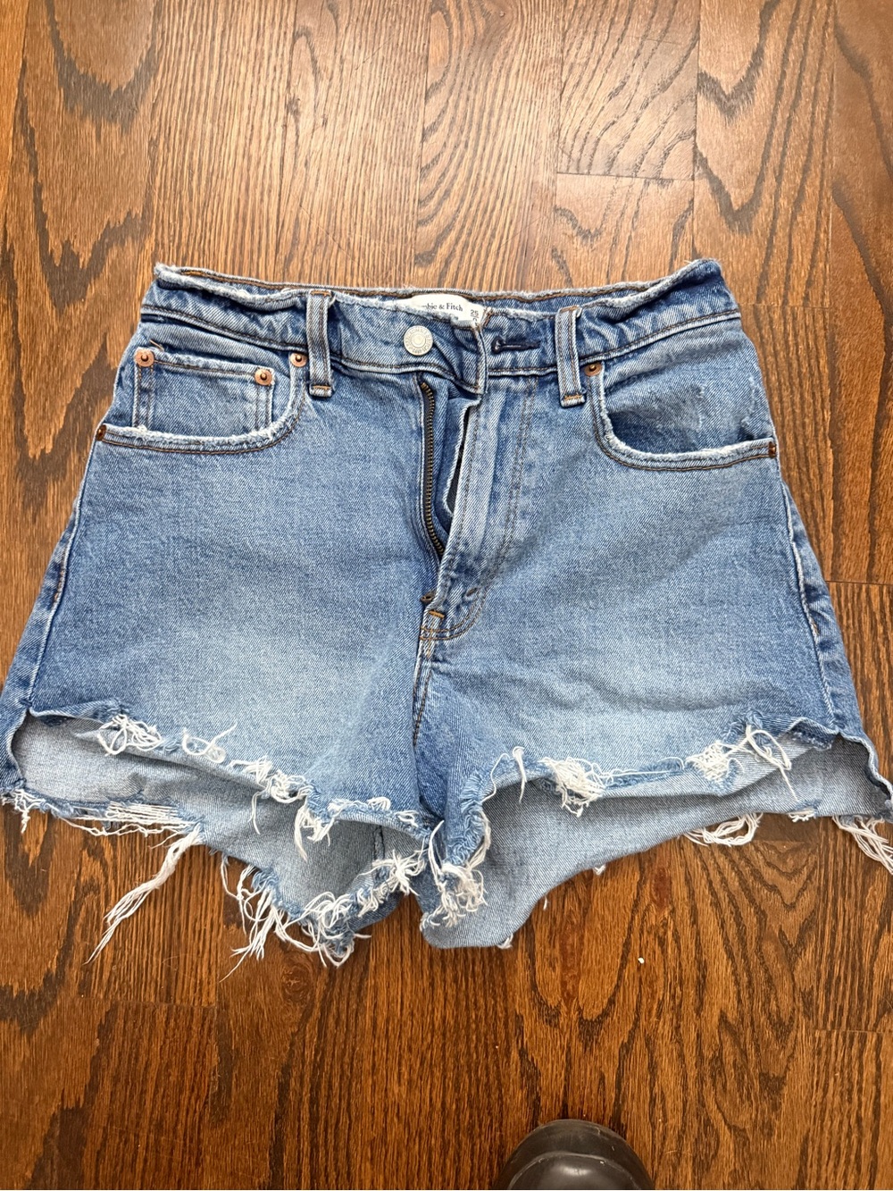 Abercrombie & Fitch Classic High-Rise Distressed Denim Shorts - Light Blue